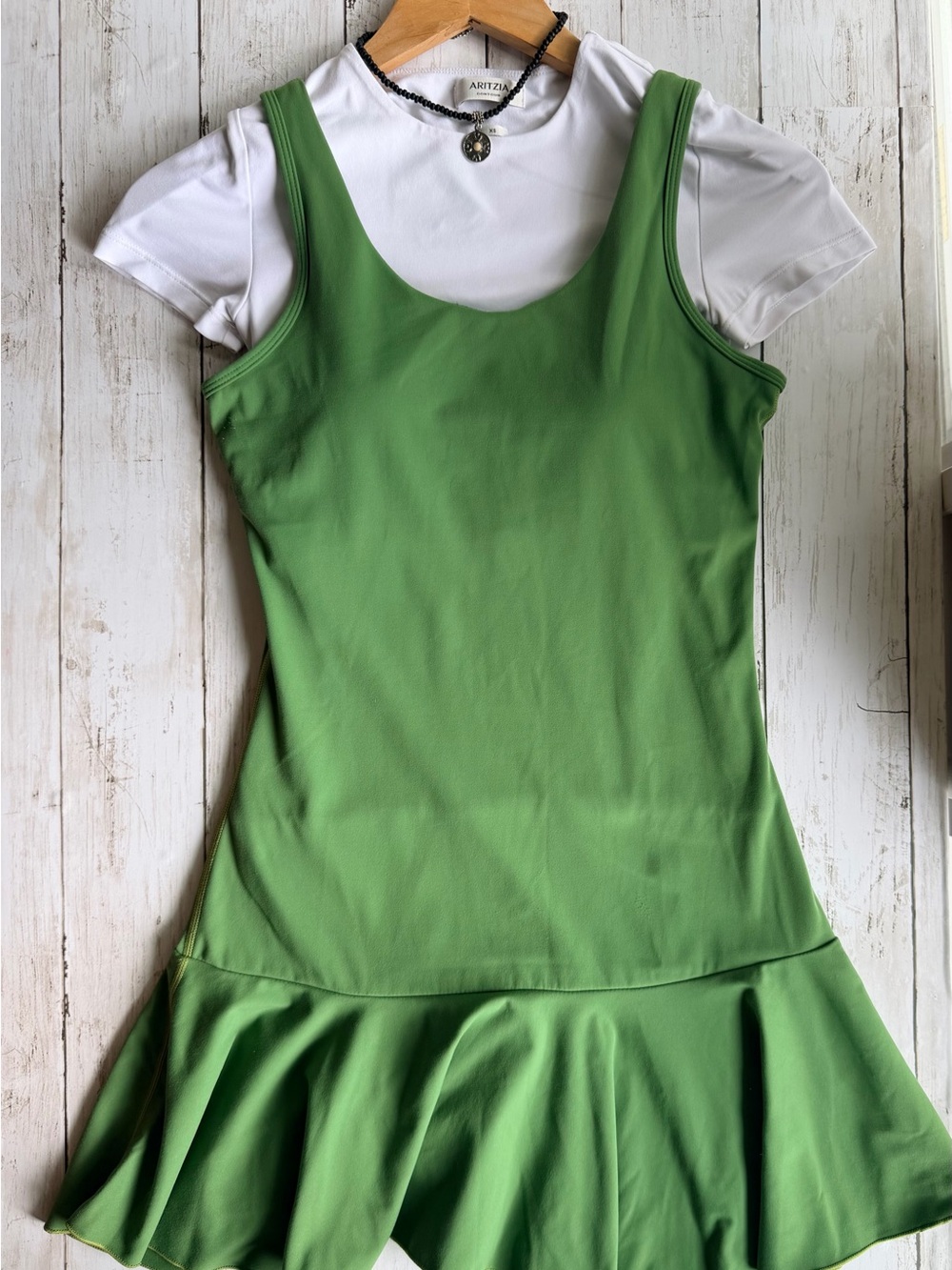 Mono B Skater Dress Green with Yellow Trim 90’s Style Recycled Nylon Sz Small